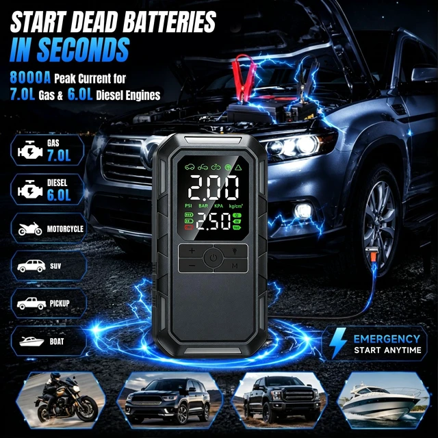 Alt view image 2 of 7 - 10-in-1 8000A Jump Starter with Air Compressor Portable, 12v Car Battery Jump Starter with LED Flash Function, 180spi Air Pump Tire Pressure Display Supports 7L Gasoline and 6L Diesel Engine 12000mAh