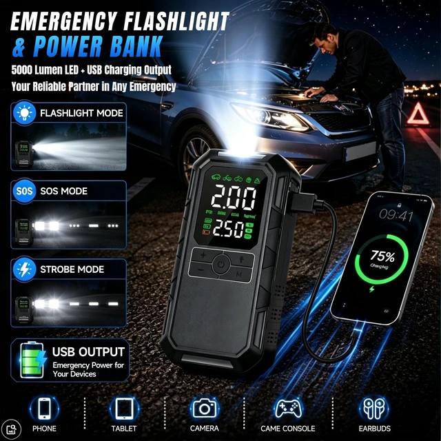 Alt view image 4 of 7 - 10-in-1 8000A Jump Starter with Air Compressor Portable, 12v Car Battery Jump Starter with LED Flash Function, 180spi Air Pump Tire Pressure Display Supports 7L Gasoline and 6L Diesel Engine 12000mAh