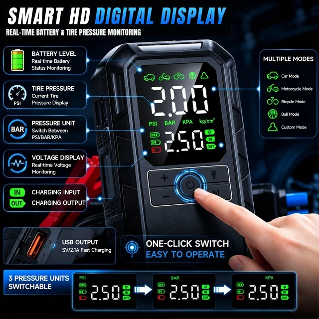 Alt view image 5 of 7 - 10-in-1 8000A Jump Starter with Air Compressor Portable, 12v Car Battery Jump Starter with LED Flash Function, 180spi Air Pump Tire Pressure Display Supports 7L Gasoline and 6L Diesel Engine 12000mAh