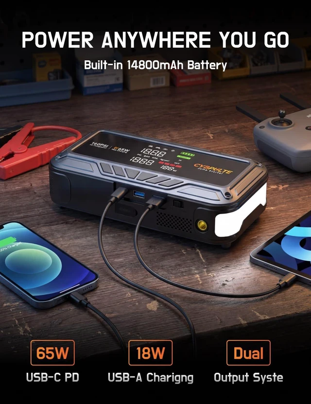 Alt view image 2 of 5 - CYBPULTE Jump Starter with Air Compressor 8000A 160 PSI,65W Charge | Portable Car Battery Jump BoxAll Gas / 14L DieselJump Starter Car Battery Jumper Starter,Portable Jumper Cable & SOS Light