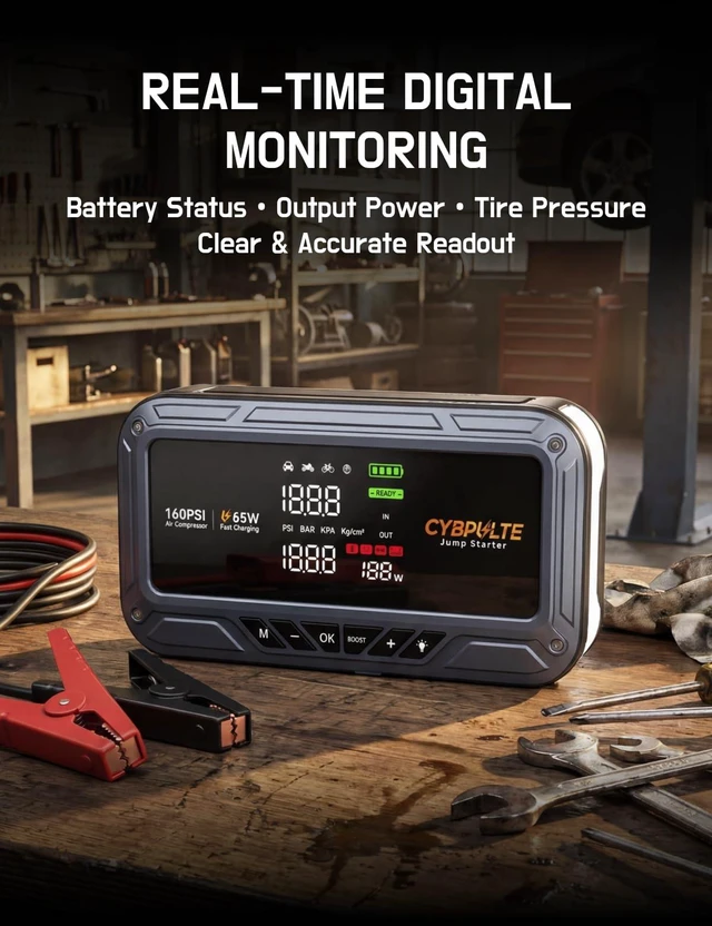 Alt view image 4 of 5 - CYBPULTE Jump Starter with Air Compressor 8000A 160 PSI,65W Charge | Portable Car Battery Jump BoxAll Gas / 14L DieselJump Starter Car Battery Jumper Starter,Portable Jumper Cable & SOS Light