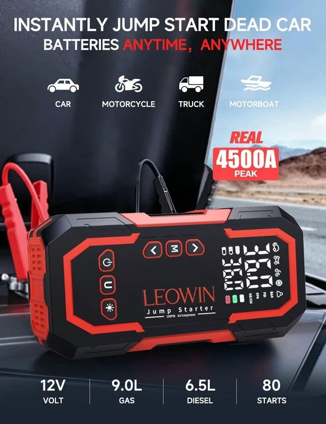 Alt view image 2 of 7 - LEOWIN Jump Starter with Air Compressor Portable, Red | 4500A 12V Car Battery Jumper Starter (9.0 Gas/6.5L Diesel) with 150PSI Tire Inflator, with Smart Jumper Cables, LED Light