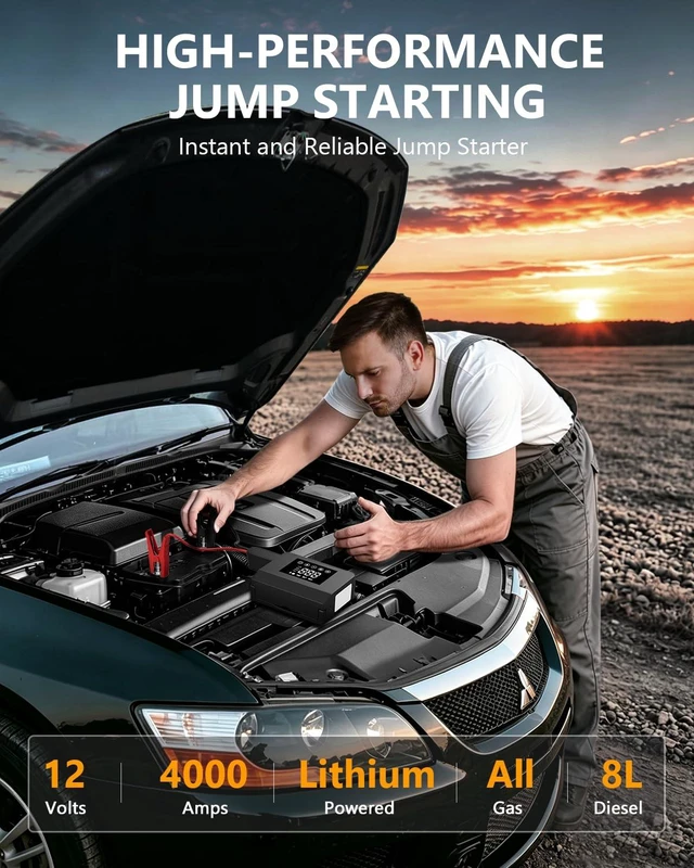 Alt view image 2 of 7 - Eleacc 4000A Car Battery Jump Starter with 150PSI Air Compressor | 8-in-1 Jump Box, BOOST for Dead Battery, Power Bank, 4-Mode Flashlight, Auto-off, Fits for All Gas and 8.0L Diesel Engine