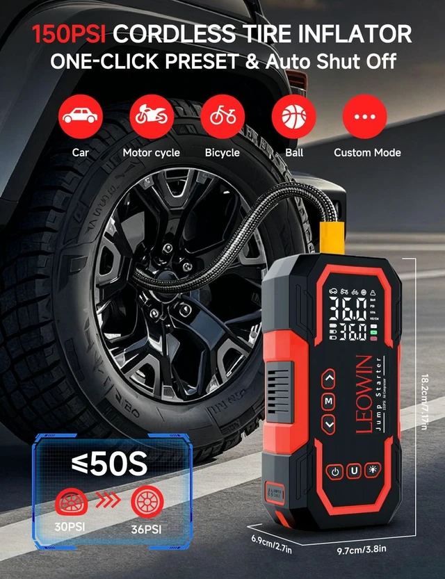 Alt view image 3 of 7 - LEOWIN Jump Starter with Air Compressor Portable, Red | 4500A 12V Car Battery Jumper Starter (9.0 Gas/6.5L Diesel) with 150PSI Tire Inflator, with Smart Jumper Cables, LED Light