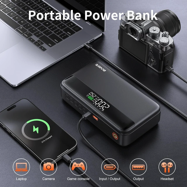 Alt view image 5 of 7 - Jump Starter with Air Compressor, 5000A Battery Jumper Starter Portable (All Gas and 10L Diesel) with 150PSI Auto-Shutoff Tire Inflator 12V Car Battery Charger with Jumper Cable LED Light