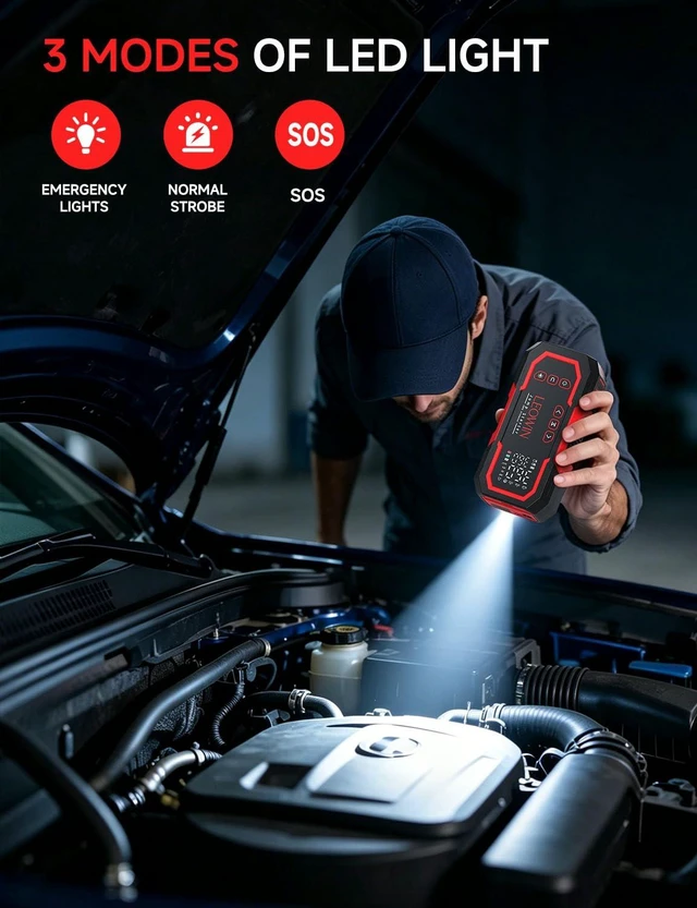 Alt view image 5 of 7 - LEOWIN Jump Starter with Air Compressor Portable, Red | 4500A 12V Car Battery Jumper Starter (9.0 Gas/6.5L Diesel) with 150PSI Tire Inflator, with Smart Jumper Cables, LED Light