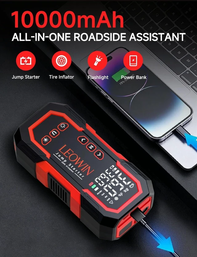 Alt view image 6 of 7 - LEOWIN Jump Starter with Air Compressor Portable, Red | 4500A 12V Car Battery Jumper Starter (9.0 Gas/6.5L Diesel) with 150PSI Tire Inflator, with Smart Jumper Cables, LED Light