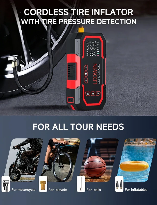 Alt view image 4 of 7 - LEOWIN Jump Starter with Air Compressor Portable, Red | 4500A 12V Car Battery Jumper Starter (9.0 Gas/6.5L Diesel) with 150PSI Tire Inflator, with Smart Jumper Cables, LED Light