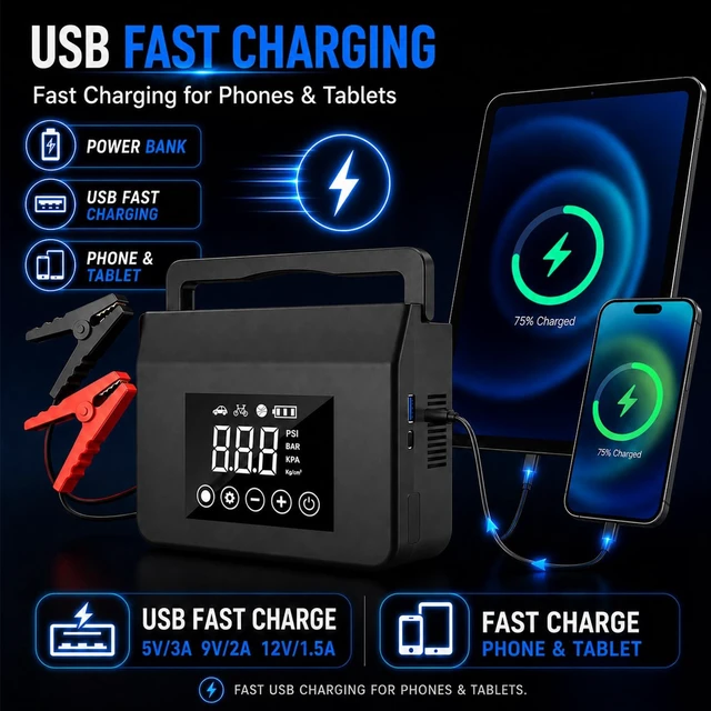 Alt view image 6 of 7 - 4000A Portable Jump Starter, Car Battery Jump Starter with Air Compressor | 150PSI Auto-Stop Tire Inflator, LED Light & Power Bank for 12V Cars, SUVs, Trucks