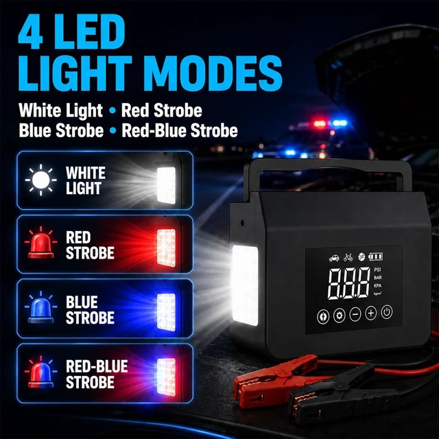Alt view image 5 of 7 - 4000A Portable Jump Starter, Car Battery Jump Starter with Air Compressor | 150PSI Auto-Stop Tire Inflator, LED Light & Power Bank for 12V Cars, SUVs, Trucks