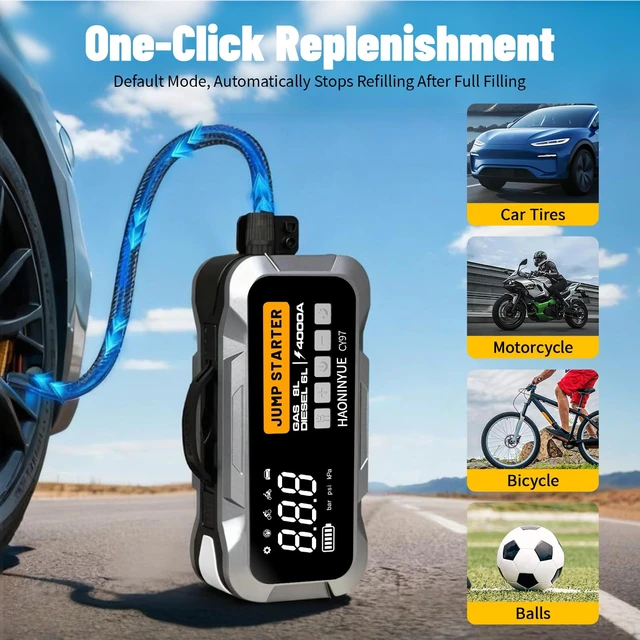 Alt view image 3 of 7 - HAONINYUE 4000A Jump Starter with Air Compressor, 150PSI for Car | Portable tire inflator, emergency jump starter, fits cars, SUVs & pickup trucks