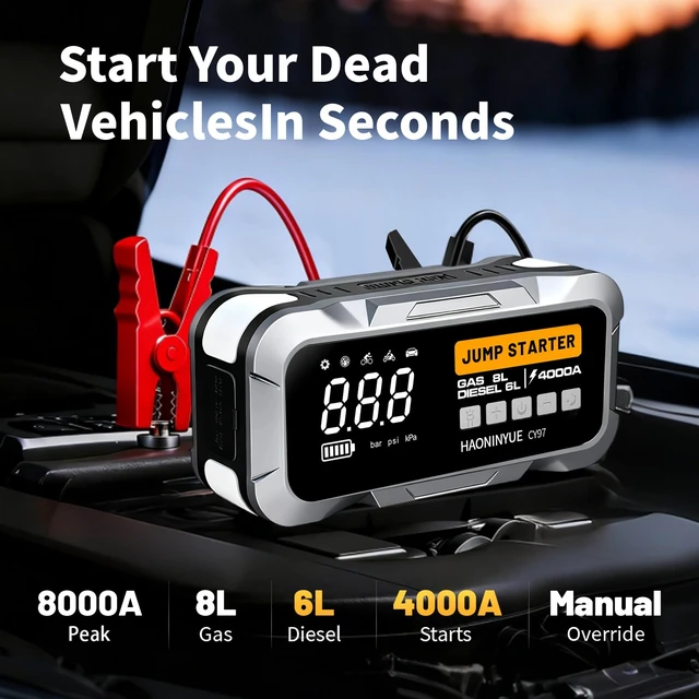 Alt view image 2 of 7 - HAONINYUE 4000A Jump Starter with Air Compressor, 150PSI for Car | Portable tire inflator, emergency jump starter, fits cars, SUVs & pickup trucks