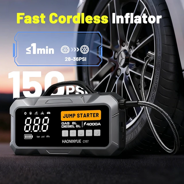 Alt view image 6 of 7 - HAONINYUE 4000A Jump Starter with Air Compressor, 150PSI for Car | Portable tire inflator, emergency jump starter, fits cars, SUVs & pickup trucks