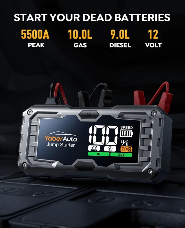 Alt view image 2 of 7 - YaberAuto Car Battery Jump Starter 5500A Portable Car Jump Starter Battery Pack (10.0L Gas/9.0L Diesel), 12V Car Battery Jump Starter Portable, Jump Box with Jumper Cables, 160W DC, 4-Modes-Lights