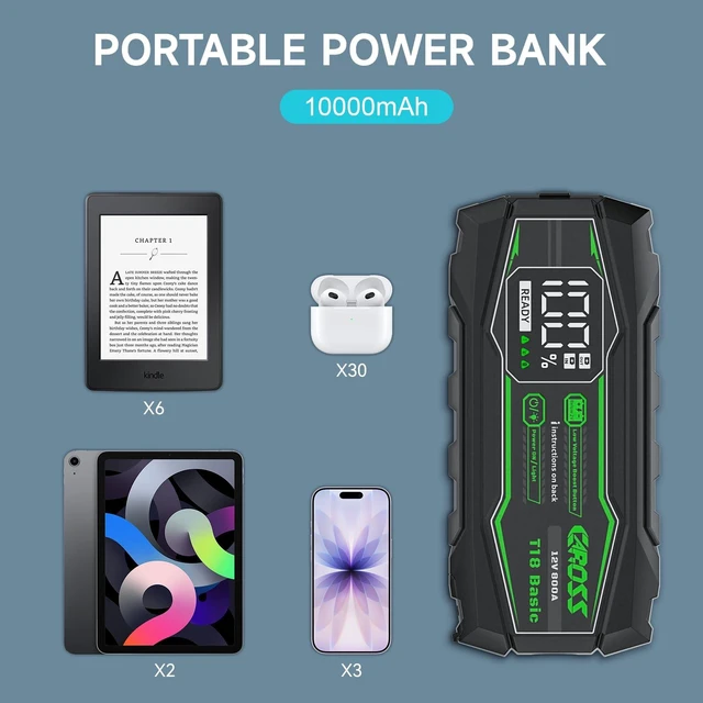 Alt view image 4 of 7 - CAROSS Jump Starter - 12V Jump Box for 6.0L Gas and 3.0L Diesel | 800A jump starter2.3 LED screen10000mAh batteryportable Booster jump box