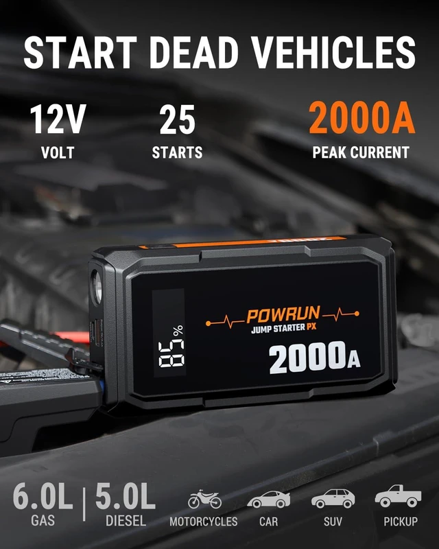 Alt view image 2 of 7 - Powrun P-X Jump Starter, 2000A Portable Jump Box - Car Jump Starter Battery Pack for up to 6.0L Gas and 5.0L Diesel Engines, 12V Battery Jump Starter with Carry Bag