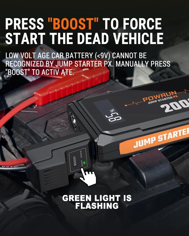 Alt view image 3 of 7 - Powrun P-X Jump Starter, 2000A Portable Jump Box - Car Jump Starter Battery Pack for up to 6.0L Gas and 5.0L Diesel Engines, 12V Battery Jump Starter with Carry Bag