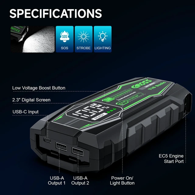 Alt view image 7 of 7 - CAROSS Jump Starter - 12V Jump Box for 6.0L Gas and 3.0L Diesel | 800A jump starter2.3 LED screen10000mAh batteryportable Booster jump box