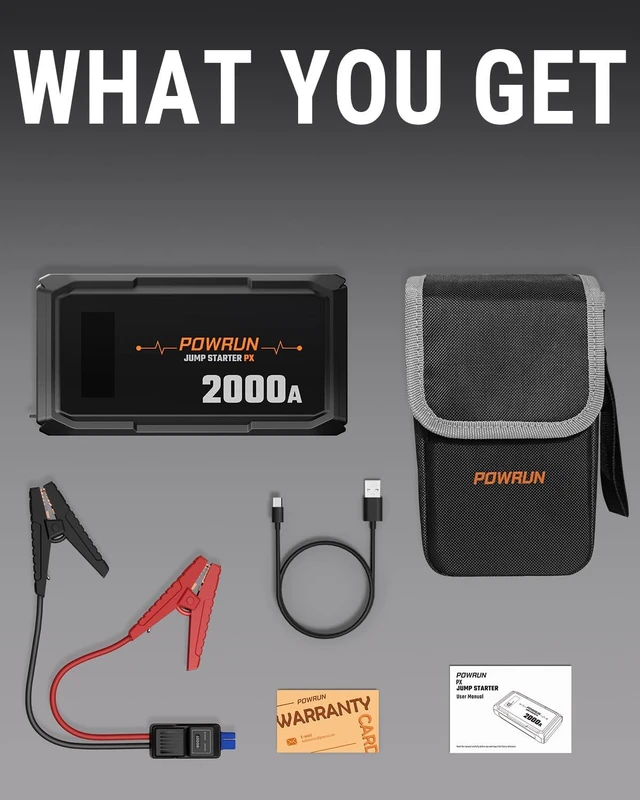 Alt view image 7 of 7 - Powrun P-X Jump Starter, 2000A Portable Jump Box - Car Jump Starter Battery Pack for up to 6.0L Gas and 5.0L Diesel Engines, 12V Battery Jump Starter with Carry Bag