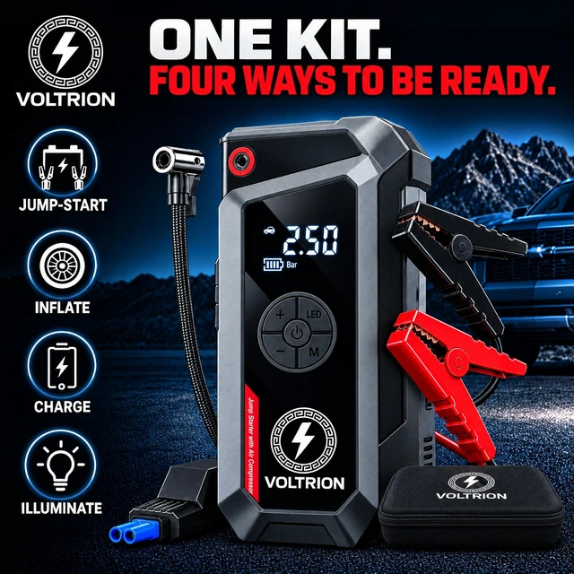 Alt view image 2 of 7 - VOLTRION Jump Starter with Air Compressor, 1500A Car Battery Booster 150PSI | 150PSI auto-stop tire inflator, 12000mAh power bank & LED light. Starts 12V gas & diesel, compact cars to semi-trucks
