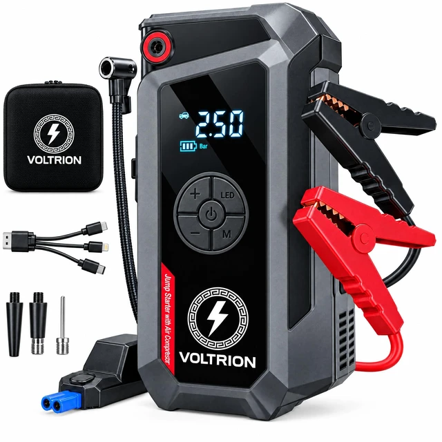Main image of VOLTRION Jump Starter with Air Compressor, 1500A Car Battery Booster 150PSI | 150PSI auto-stop tire inflator, 12000mAh power bank & LED light. Starts 12V gas & diesel, compact cars to semi-trucks