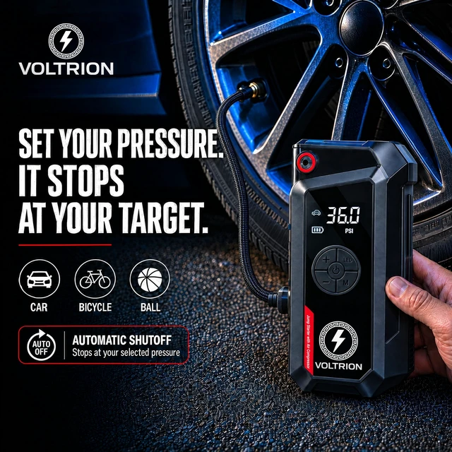 Alt view image 4 of 7 - VOLTRION Jump Starter with Air Compressor, 1500A Car Battery Booster 150PSI | 150PSI auto-stop tire inflator, 12000mAh power bank & LED light. Starts 12V gas & diesel, compact cars to semi-trucks