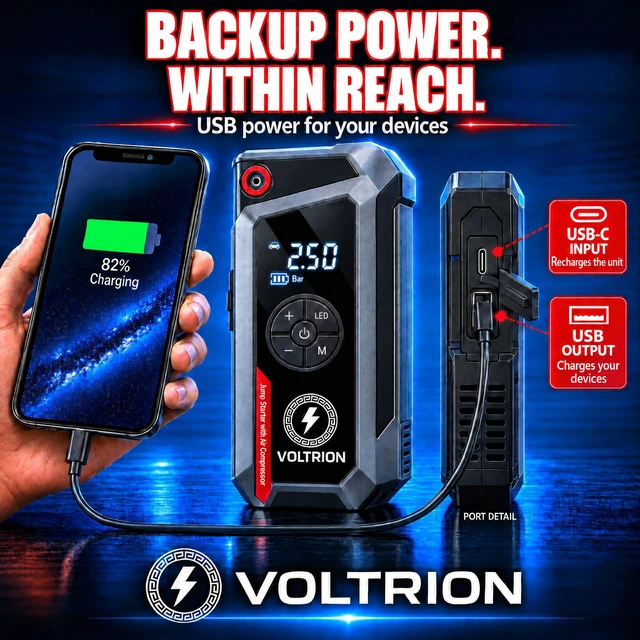 Alt view image 5 of 7 - VOLTRION Jump Starter with Air Compressor, 1500A Car Battery Booster 150PSI | 150PSI auto-stop tire inflator, 12000mAh power bank & LED light. Starts 12V gas & diesel, compact cars to semi-trucks