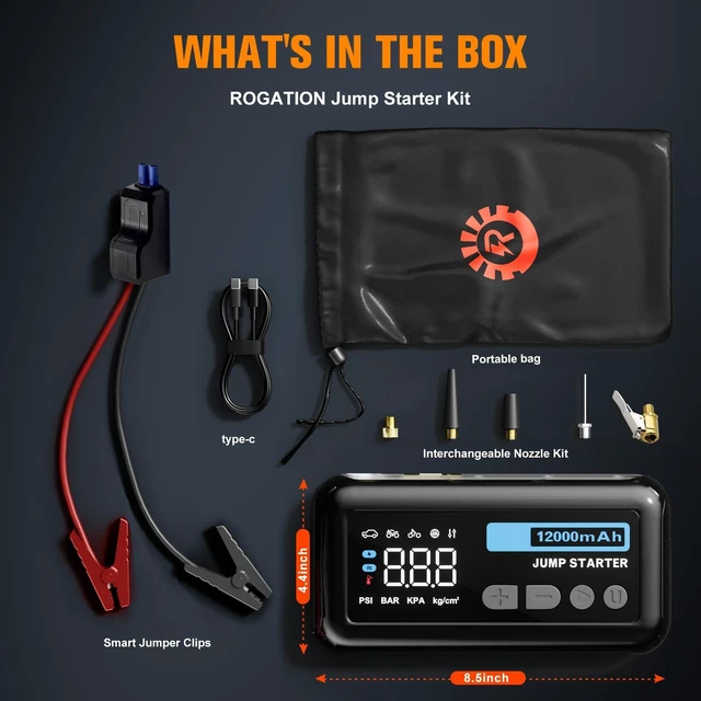 Alt view image 2 of 7 - ROGATION Jump Starter with 150PSI Air Compressor, 2000A Peak 12V Booster, 10000mAh Portable Car Battery Jump Starter, Up to 10L Gas/8L Diesel Engines, 33W Bidirectional Fast Charging Power Bank-Black