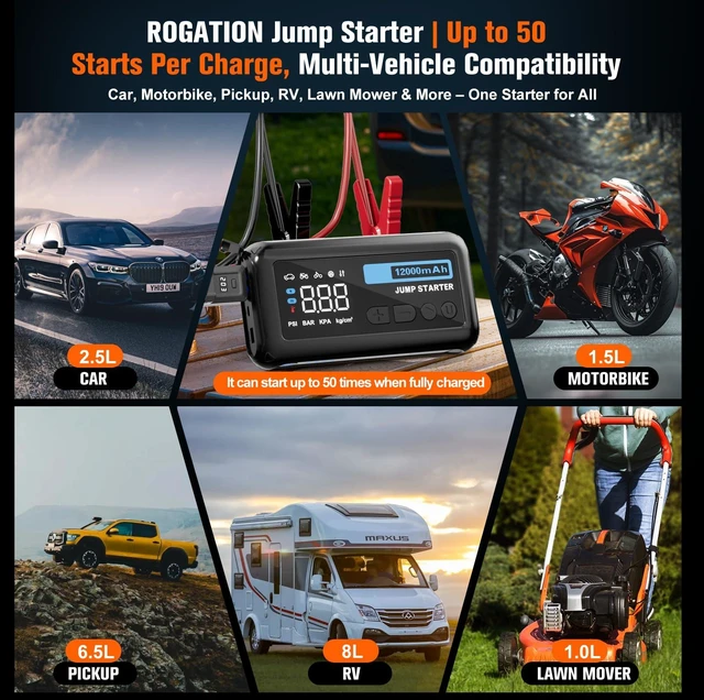 Alt view image 6 of 7 - ROGATION Jump Starter with 150PSI Air Compressor, 2000A Peak 12V Booster, 10000mAh Portable Car Battery Jump Starter, Up to 10L Gas/8L Diesel Engines, 33W Bidirectional Fast Charging Power Bank-Black