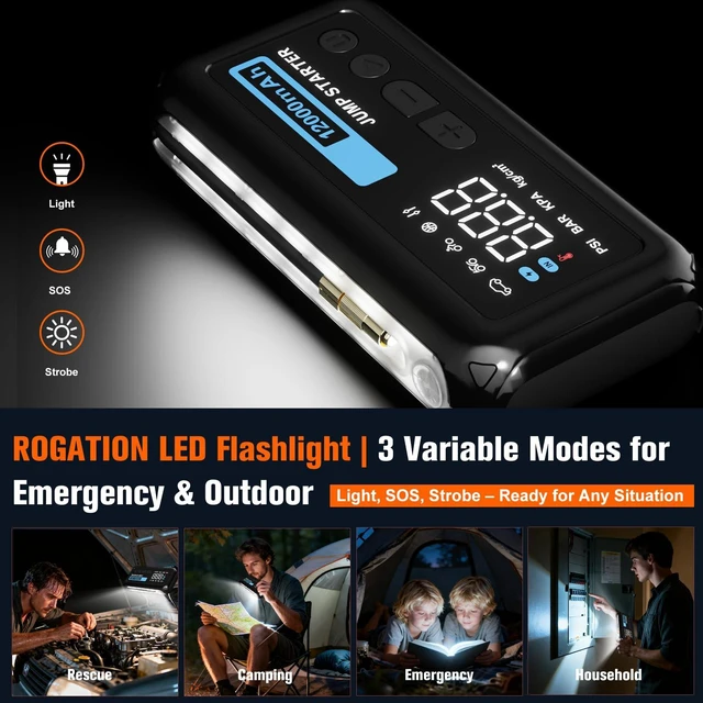 Alt view image 5 of 7 - ROGATION Jump Starter with 150PSI Air Compressor, 2000A Peak 12V Booster, 10000mAh Portable Car Battery Jump Starter, Up to 10L Gas/8L Diesel Engines, 33W Bidirectional Fast Charging Power Bank-Black