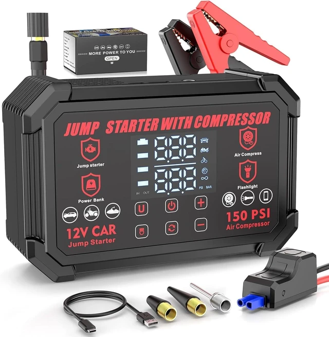 Main image of Jump Starter with Air Compressor, 4000A Peak 12V Car Battery Starter, 150 PSI Tire Inflator with Auto Shut-Off, LED Display and Light, for Gasoline and Diesel Engines up to 10L