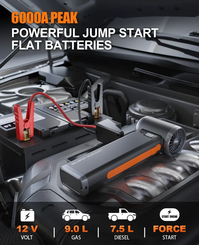 Alt view image 2 of 7 - Portable Car Battery Jump Starter 6000A Jumper Box Combo Compressed Air Duster & Vacuum Cleaner Function, 12V Battery Charger Booster Power Pack with Turbo Fan, 3-Speed Blower for Snow/Leaves/Dust