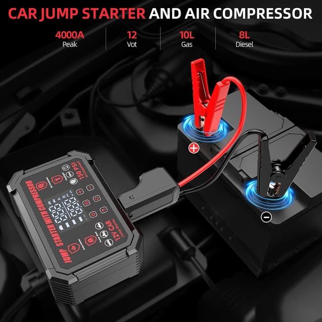 Alt view image 2 of 7 - Jump Starter with Air Compressor, 4000A Peak 12V Car Battery Starter, 150 PSI Tire Inflator with Auto Shut-Off, LED Display and Light, for Gasoline and Diesel Engines up to 10L