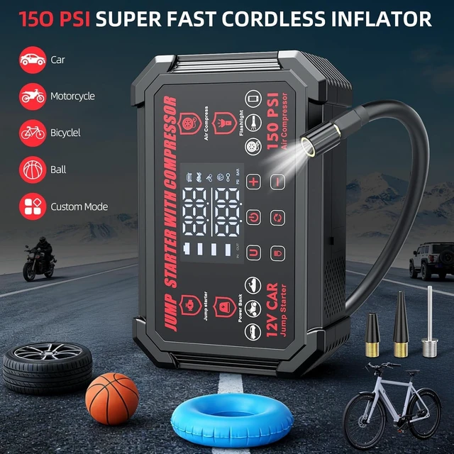 Alt view image 3 of 7 - Jump Starter with Air Compressor, 4000A Peak 12V Car Battery Starter, 150 PSI Tire Inflator with Auto Shut-Off, LED Display and Light, for Gasoline and Diesel Engines up to 10L