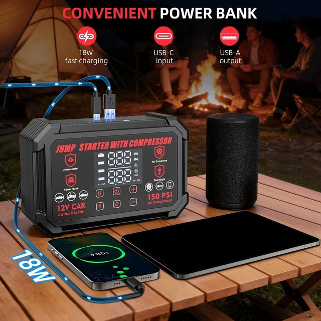 Alt view image 4 of 7 - Jump Starter with Air Compressor, 4000A Peak 12V Car Battery Starter, 150 PSI Tire Inflator with Auto Shut-Off, LED Display and Light, for Gasoline and Diesel Engines up to 10L