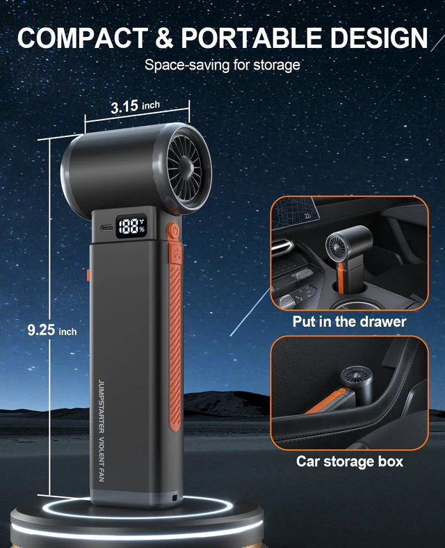 Alt view image 7 of 7 - Portable Car Battery Jump Starter 6000A Jumper Box Combo Compressed Air Duster & Vacuum Cleaner Function, 12V Battery Charger Booster Power Pack with Turbo Fan, 3-Speed Blower for Snow/Leaves/Dust