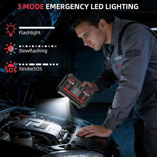 Alt view image 5 of 7 - Jump Starter with Air Compressor, 4000A Peak 12V Car Battery Starter, 150 PSI Tire Inflator with Auto Shut-Off, LED Display and Light, for Gasoline and Diesel Engines up to 10L
