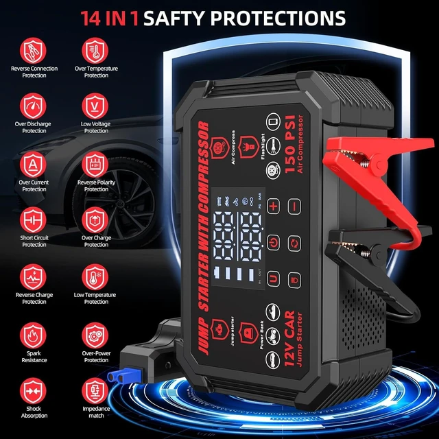 Alt view image 6 of 7 - Jump Starter with Air Compressor, 4000A Peak 12V Car Battery Starter, 150 PSI Tire Inflator with Auto Shut-Off, LED Display and Light, for Gasoline and Diesel Engines up to 10L