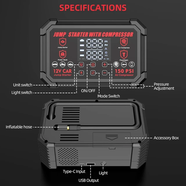 Alt view image 7 of 7 - Jump Starter with Air Compressor, 4000A Peak 12V Car Battery Starter, 150 PSI Tire Inflator with Auto Shut-Off, LED Display and Light, for Gasoline and Diesel Engines up to 10L