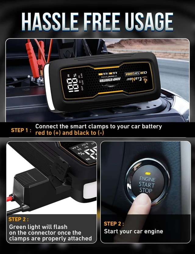 Alt view image 3 of 7 - EcoNour 2500A Car Battery Jump Starter 12V Battery Booster Pack Up to 8.5L Gas & 8.5L Diesel Engines Jump Box with Jumper Cables, USB Charger, LCD Display, LED Flashlight for Cars, SUVs, Trucks