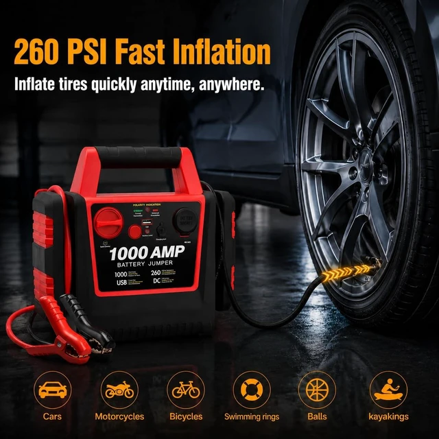 Alt view image 3 of 7 - Tyrell Chenergy 4 in 1 Battery Booster Jump Starter with Air Compressor Portable 260PSI Tire Inflator,1000 Amp Jumper Starter Power Pack Jump Box,12V Power Station with USB Port and DC Outlet
