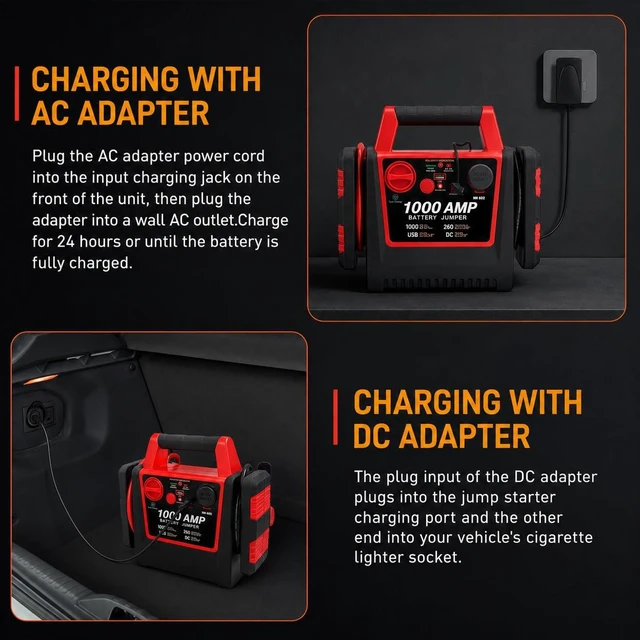 Alt view image 7 of 7 - Tyrell Chenergy 4 in 1 Battery Booster Jump Starter with Air Compressor Portable 260PSI Tire Inflator,1000 Amp Jumper Starter Power Pack Jump Box,12V Power Station with USB Port and DC Outlet
