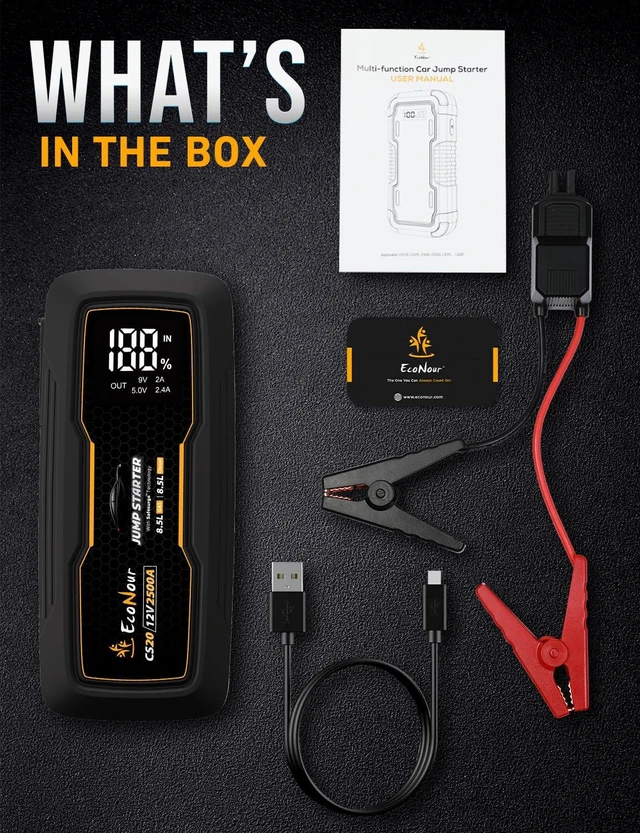 Alt view image 7 of 7 - EcoNour 2500A Car Battery Jump Starter 12V Battery Booster Pack Up to 8.5L Gas & 8.5L Diesel Engines Jump Box with Jumper Cables, USB Charger, LCD Display, LED Flashlight for Cars, SUVs, Trucks