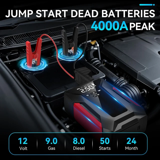 Alt view image 2 of 7 - Jump Starter with Air Compressor, 4000A Car Battery Jump Starter for 12V Vehicles, Portable Battery Booster (9.0L Gas/8.0L Diesel), 150 PSI Tire Inflator, LCD Display, USB-C, LED Light (Black)