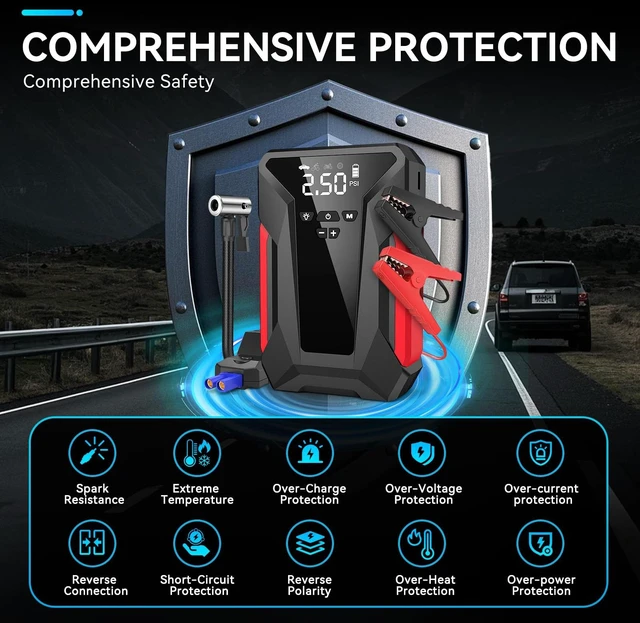 Alt view image 5 of 7 - Jump Starter with Air Compressor, 4000A Car Battery Jump Starter for 12V Vehicles, Portable Battery Booster (9.0L Gas/8.0L Diesel), 150 PSI Tire Inflator, LCD Display, USB-C, LED Light (Black)