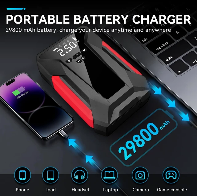 Alt view image 6 of 7 - Jump Starter with Air Compressor, 4000A Car Battery Jump Starter for 12V Vehicles, Portable Battery Booster (9.0L Gas/8.0L Diesel), 150 PSI Tire Inflator, LCD Display, USB-C, LED Light (Black)
