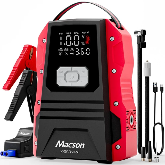 Main image of 5000A Jump Starter with Air Compressor - Portable 12V Jump Box Battery Pack for 9.0L Gas/8.0L Diesel Engines, Car Jumper Starter Portable with 150PSI Tire Inflator, LED Screen, Fold-Up LED Flashlight