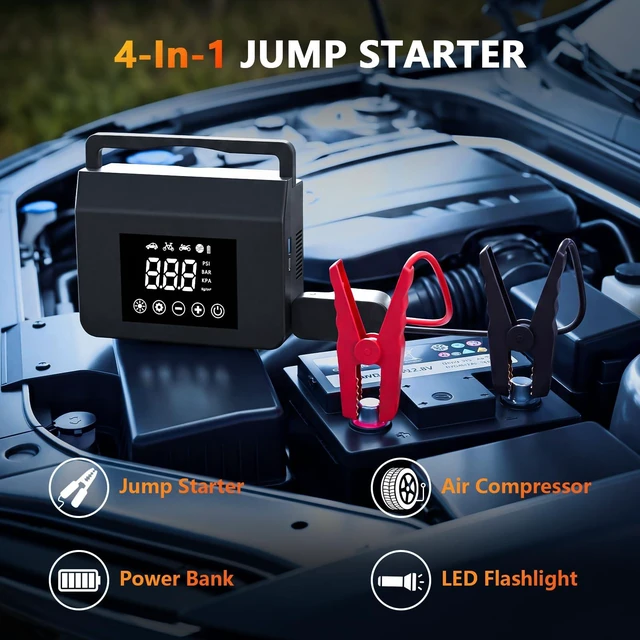 Alt view image 3 of 7 - 12V 4000A Portable Car Battery Jump Starter with Air Compressor | 4-in-1 Jump Box for 12V Car Battery, 150PSI Auto-Stop Tire Inflator, LED Light & Power Bank, up to ALL Gas & 8.0L Diesel