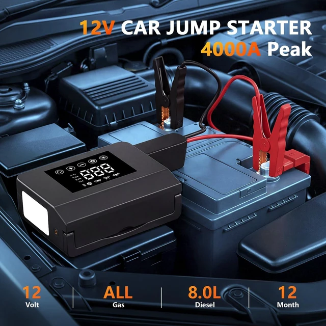 Alt view image 4 of 7 - 12V 4000A Portable Car Battery Jump Starter with Air Compressor | 4-in-1 Jump Box for 12V Car Battery, 150PSI Auto-Stop Tire Inflator, LED Light & Power Bank, up to ALL Gas & 8.0L Diesel