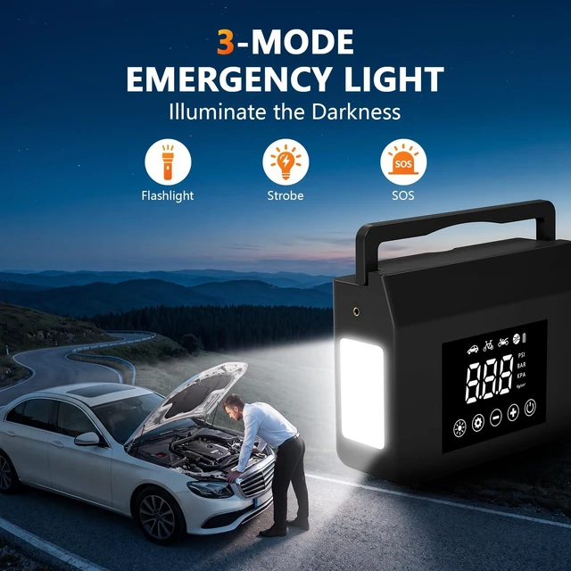 Alt view image 7 of 7 - 12V 4000A Portable Car Battery Jump Starter with Air Compressor | 4-in-1 Jump Box for 12V Car Battery, 150PSI Auto-Stop Tire Inflator, LED Light & Power Bank, up to ALL Gas & 8.0L Diesel
